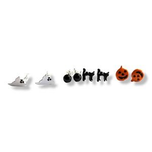 Four Pair Silver Tone Black Orange White Enamel Halloween Earring Studs